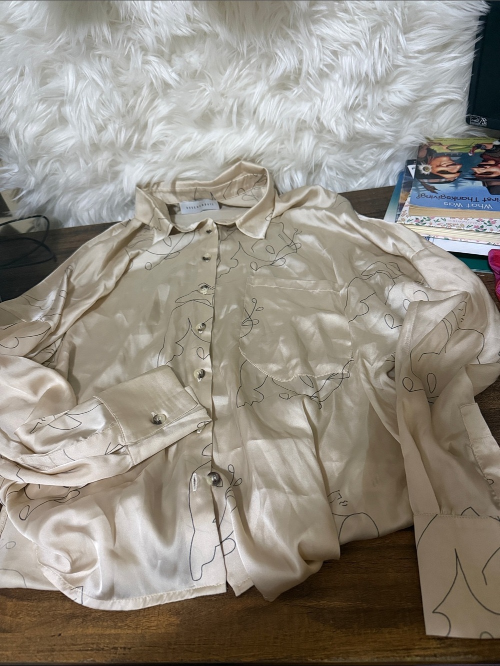 Silky Cream Button-Up Blouse with Minimal Line Art